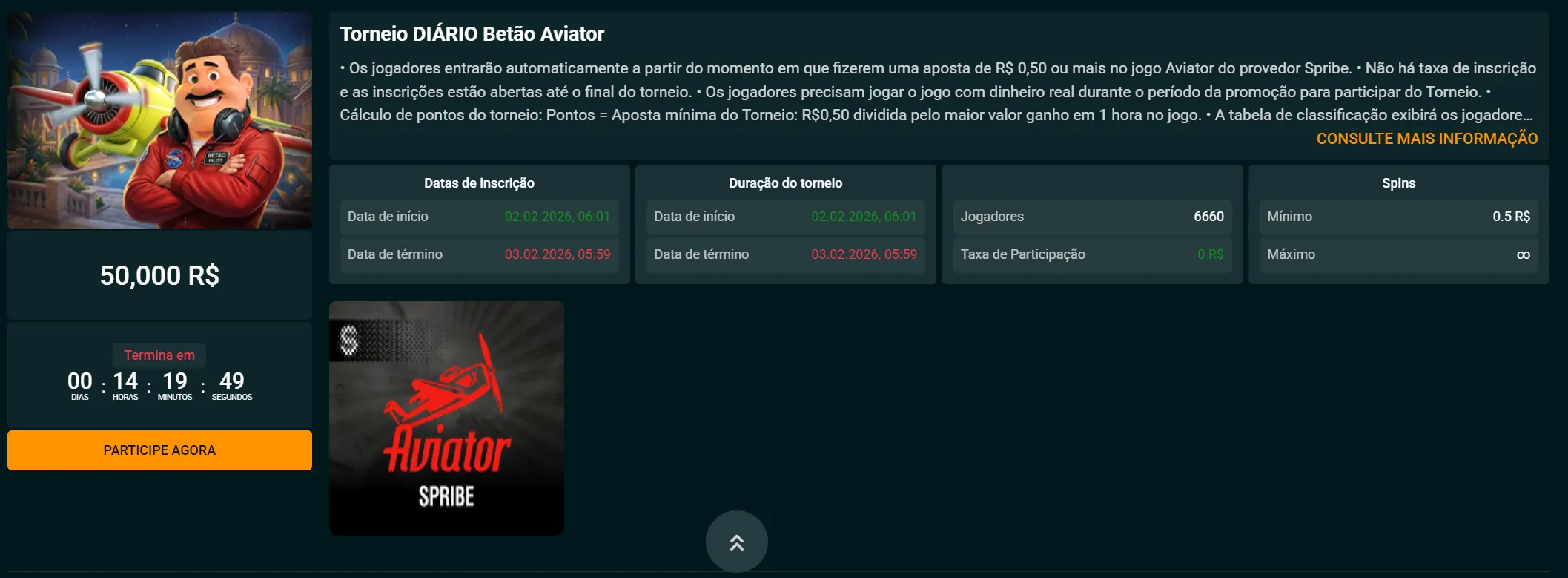 Betao Torneio Diário Aviator Spribe - Prêmio 50000 Reais